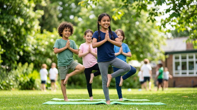 Schoolchildren practicing yoga on grass outdoors for summer wellness class physical education activity and kids exercise background