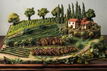 Obraz premium Model of a tuscan landscape showing a farmhouse, vineyards, cypresses and other trees, creating a peaceful rural scene