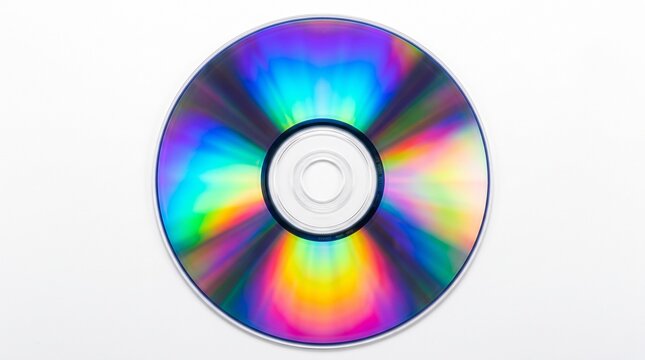 Colorful compact discs arranged on white background for modern technology concepts with rainbow reflections placed three shiny compact white surface