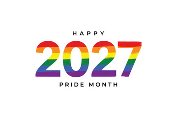 Fototapeta premium Happy pride month twenty twenty seven banner with rainbow flag texture on numbers