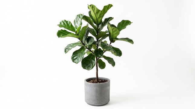 Potted fiddle leaf fig plant isolated on white background for design with displays green fiddle plant grey pot environment biological botanical