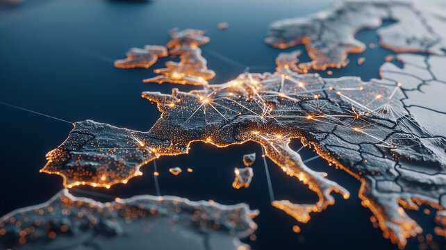 A connected map of Europe represents digital communication and international technology infrastructure.
