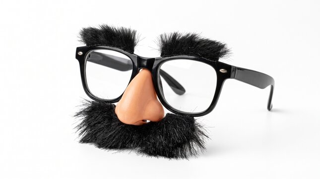 Funny black novelty glasses with fake nose and mustache on white background with displays humorous disguise accessory with accessory