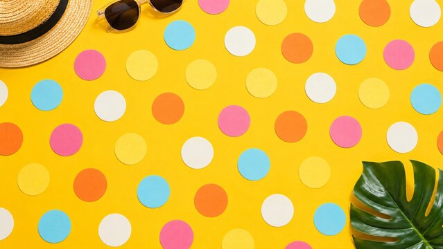 Straw hat with sunglasses and palm leaf on yellow polka dot background. Summer vacation concept with travel accessories. Flat lay composition for tropical holiday and beach leisure.