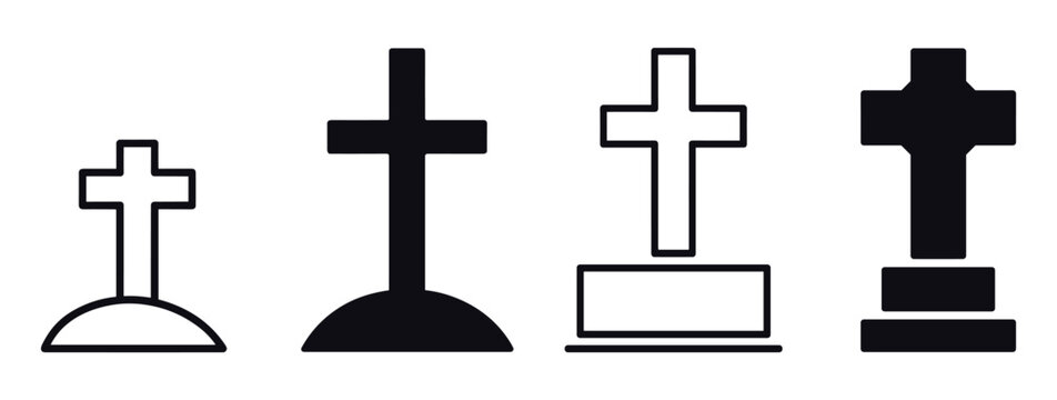 Grave Markers Icons: A set of four distinct grave marker icons, featuring crosses in various styles and sizes, representing the solemnity and finality of remembrance.