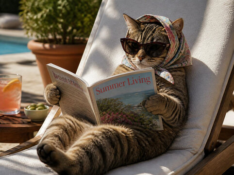 Feline Vacation: Cool Cat in Sunglasses Relaxing on a Hammock with a Magazine