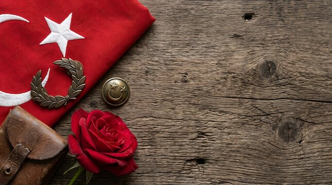 Turkish flag with rose and vintage military items on wood surface