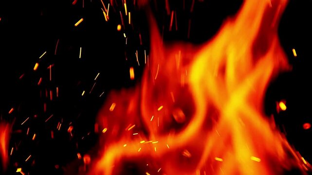 Dynamic fiery orange flames blazing with glowing embers and hot sparks rising against a dark black background. Intense cinematic fire motion graphics element, ideal for video overlays, campfire themes