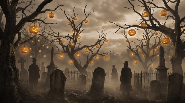 A spooky graveyard scene at night with glowing pumpkins hanging from bare trees and silhouettes of men in hats standing in the fog