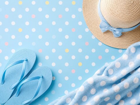 Summer vacation accessories with straw hat, blue flip flops and patterned fabric on polka dot background. Beach holiday items for relaxation and travel. Flat lay composition top view.