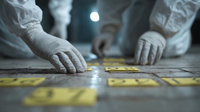 Forensic experts mark the evidence. Investigators record the evidence on the floor using markers. The concept of forensic science and crime investigation.
