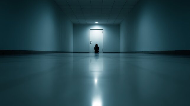 A woman is sitting on the floor in front of a closed door in an empty hallway. The atmosphere is one of loneliness, isolation, and emotional tension.