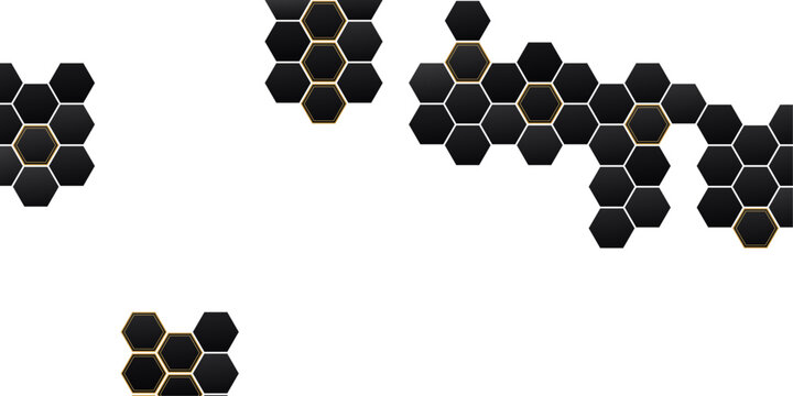 Delicate black and gold hex grid background. Abstract hexagon random honeycomb grid pattern. Modern minimal design for banner, flyer and website header.