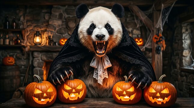 A large panda bear wearing a black vampire cape and white lace cravat standing behind carved glowing pumpkins in a dark stone room
