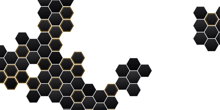 Modern black and gold hex grid background. Abstract hexagon random honeycomb grid pattern. Trendy design for branding, packaging and marketing.