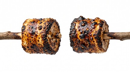 Fototapeta premium Caramelized roasted marshmallows on wooden sticks against white background with caramelized surfaces displays roasted s mores confection delicious