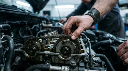 Fototapeta premium Auto mechanic checking and aligning the timing chain over the camshaft sprockets on an open engine block in a garage.