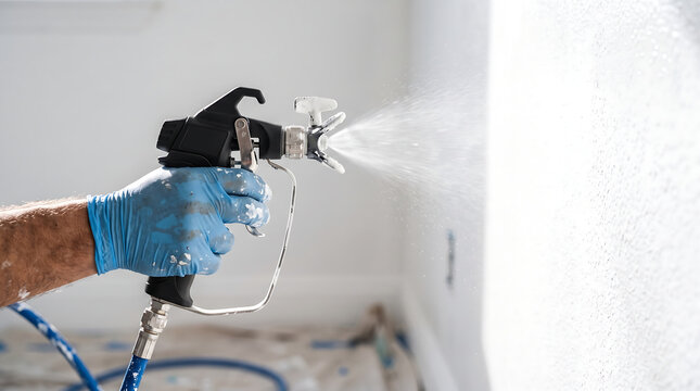 Professional painter spraying white coating on interior wall using airless spray gun during home renovation and painting project