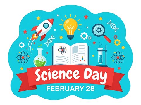 Science Day celebration with educational symbols like rockets and laboratory equipment