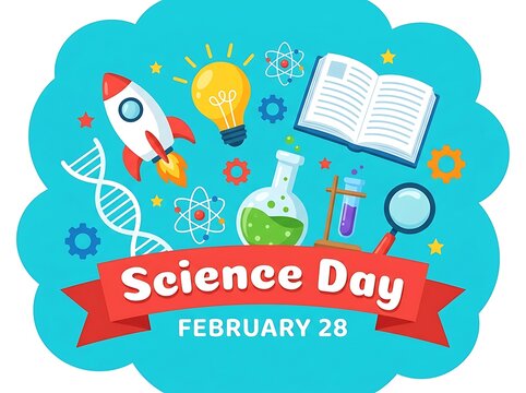 Celebration of Science Day with educational symbols and elements on February 28