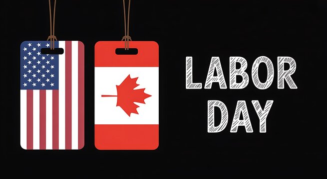 Labor day celebration concept with united states and canada flags on luggage tags against black background