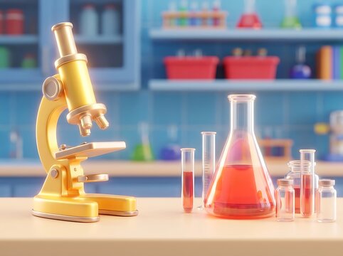 Scientific laboratory equipment with a microscope and beakers filled with colorful liquids