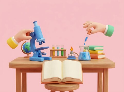 Cartoon hands performing science experiment with microscope and chemicals on desk