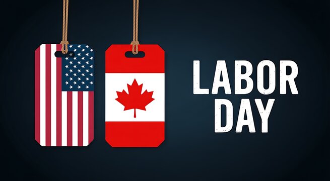 Labor day celebration background with hanging tags featuring the united states and canadian national flags for holiday sales