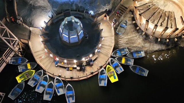 Underground salt mine lake dock with colorful boats and a circular illuminated platform, captured in a static top down view