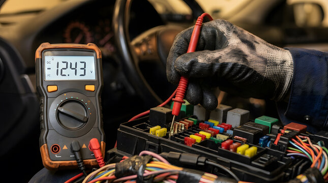 Automotive electrician in work gloves using a digital multimeter probe to test fuse box circuits inside a vehicle dashboard.