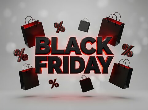 Dynamic 3D black Friday text surrounded by shopping bags and percentages