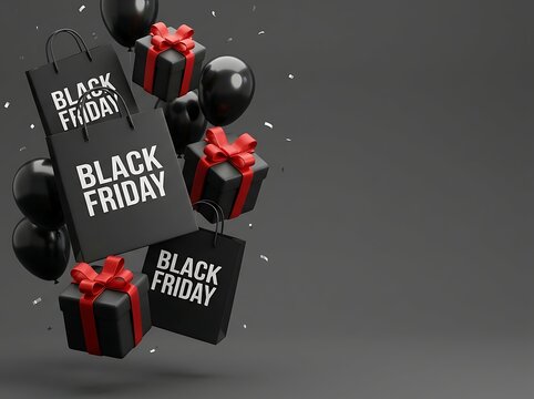 Black Friday shopping bags and gift boxes with balloons and confetti celebration