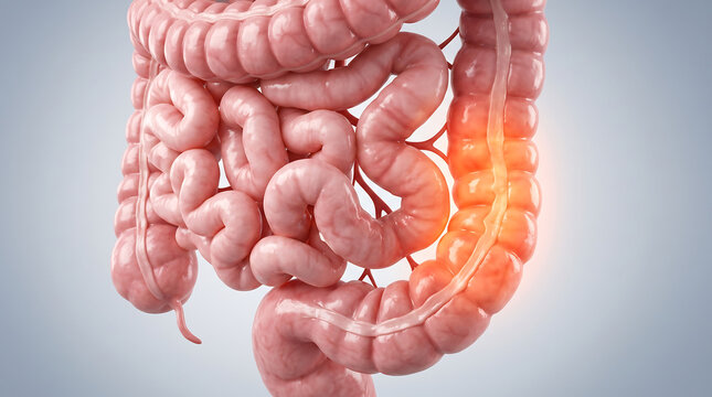 Medical illustration of human digestive system and intestines showing localized inflammation glowing red spot for gut health colitis Crohn disease and digestive tract disorder
