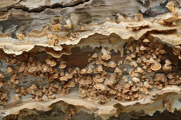 Obraz premium Fungi growing intricately on decayed wood, showcasing natural textures