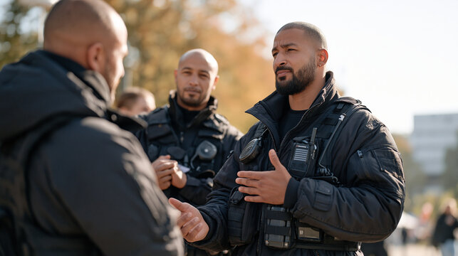 Diverse team of event security professionals standing at the edge of an outdoor festival field beneath shifting autumn trees, one officer exchanging a reassuring nod with a