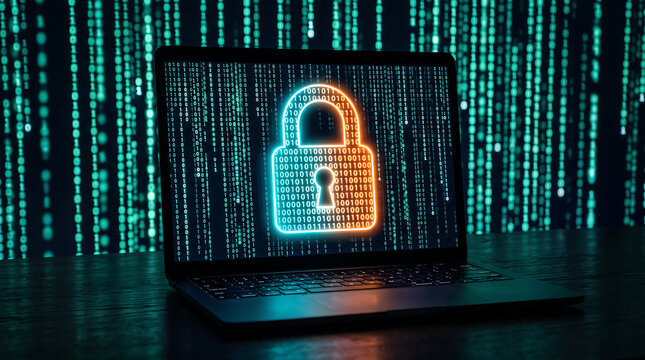 Laptop computer displaying glowing digital padlock icon with binary code matrix background concept for cybersecurity data protection privacy and internet safety security