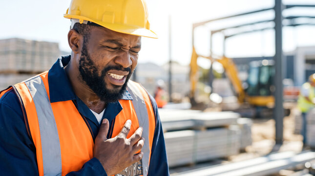 A worker on a construction site grips his chest in pain. The sun shines brightly as other workers and machinery are seen in the background. It is midday