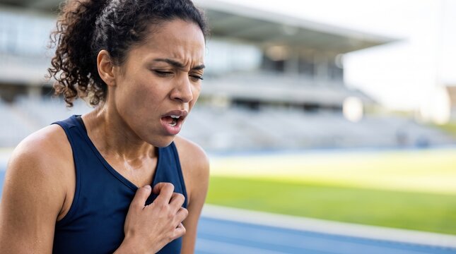 A woman stops to catch her breath while training on a track field. She appears to be feeling discomfort and is focused on regulating her breathing. The setting shows empty bleachers in the background