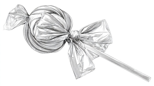 Black and white sketch of a candy lollipop wrapped in foil with a bow.