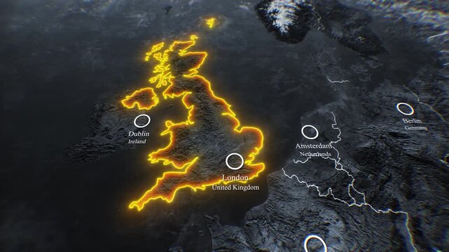 United Kingdom map illuminates with glowing lines and city labels in a sequence great britain british isles geography cartography illumination neon