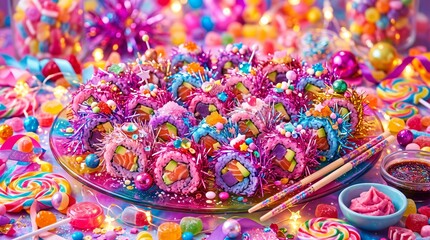 Obraz premium Brightly colored sushi rolls styled with candy in a whimsical presentation. Concept is fusion food, creative cuisine, and colorful party themes, appealing to food and event industries. Generative AI.