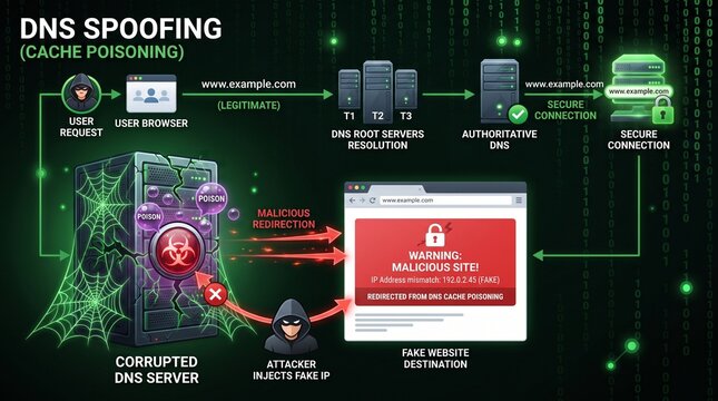  DNS spoofing and cache poisoning attack process diagram showing user request, corrupted DNS server, and fake website redirection