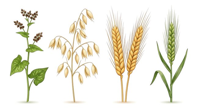 Detailed botanical illustration showcasing four essential cereal plants: buckwheat, oats, golden wheat, and green rye, isolated on a clean white background.