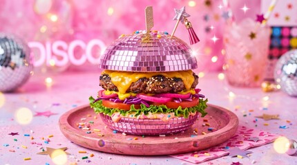 Obraz premium A colorful burger with a disco ball bun on a pink background. Concept for novelty food, party themes, and creative culinary photography. Generative AI.