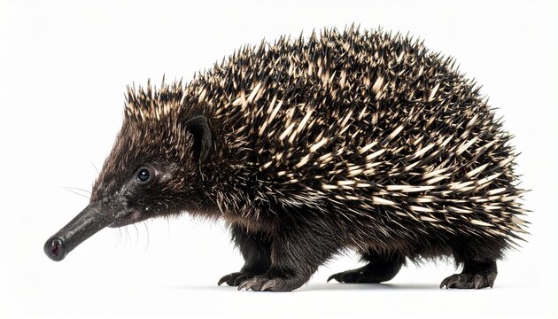 Long beaked echidna standing on white background