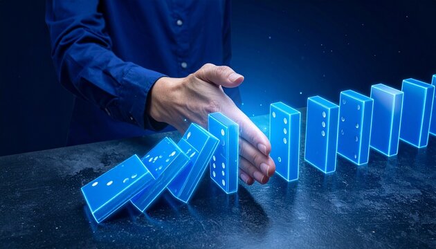 Hand halting futuristic glowing domino chain reaction