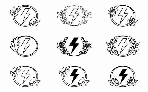 Collection of elegant lightning bolt symbols surrounded by laurel wreaths in minimalist line art designs