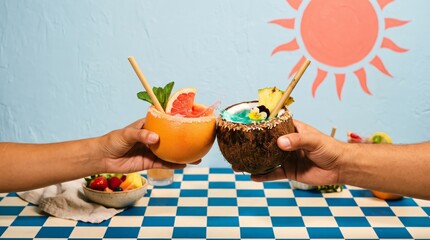 Obraz premium Two hands clink fruit cocktails in a vibrant summer setting. Concept of tropical vacation, refreshing drinks, and celebration, ideal for travel and lifestyle promotions. Generative AI.