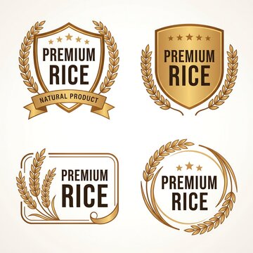 Golden luxury premium rice label vector collection featuring elegant wheat ear wreaths, shields, stars, and classic typography for natural food packaging design.