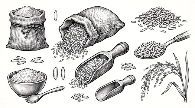 Detailed vintage engraving set featuring rice grains, sacks, wooden scoops, a bowl with a spoon, and a rice stalk plant isolated on white.